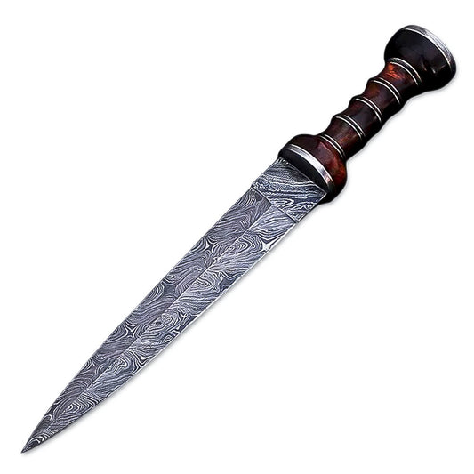 15" Handmade Damascus Steel Gladiator Double Edge Dagger Knife With Leather Sheath- Rose Wood Handle - propswords