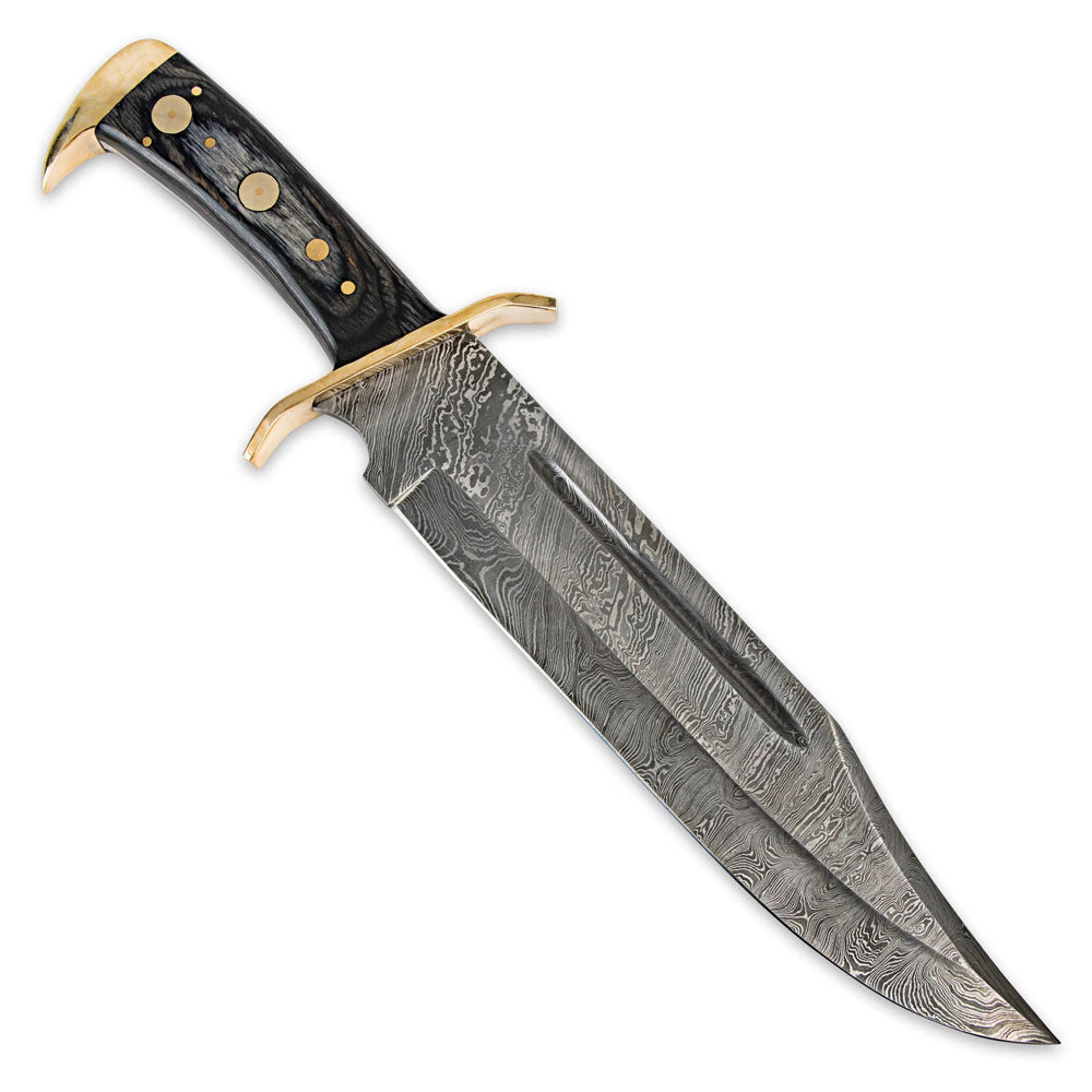 16" Handmade Damascus Steel Bowie Knife Wood Handle With Brass Clip And Sheath - propswords
