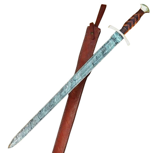 Handmade Damascus Steel Viking Sword With Leather Sheath - propswords