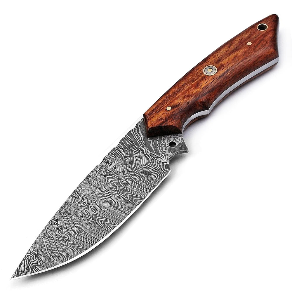 9" Damascus Steel Full Tang Hunting Knife Rose Wood Handle With Leather Sheath For Camping, Outdoor, Hunting, Fishing