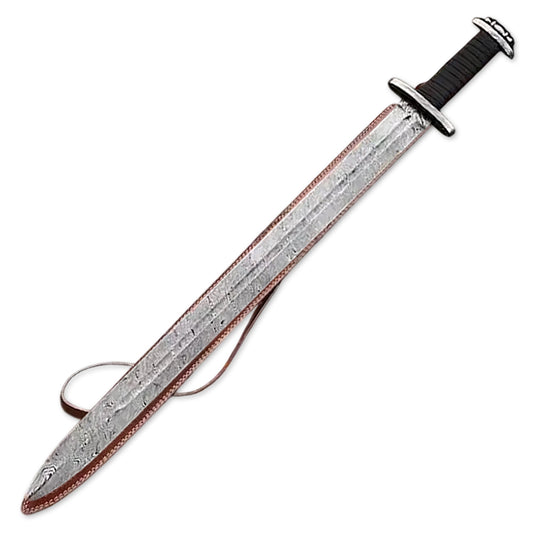 36" Handmade Damascus steel Viking Sword, Leather Wrapped on Handle Including Leather Cover - propswords