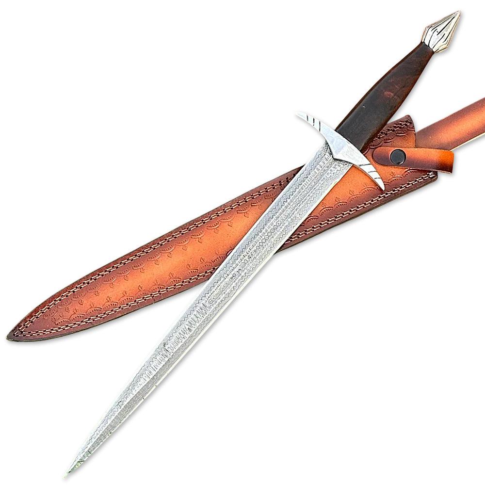 Handmade Damascus Steel Double Edge Short Sword With Leather Sheath - propswords