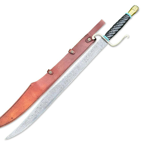 Handmade Damascus Steel Scimitar Sword With Leather Sheath - propswords