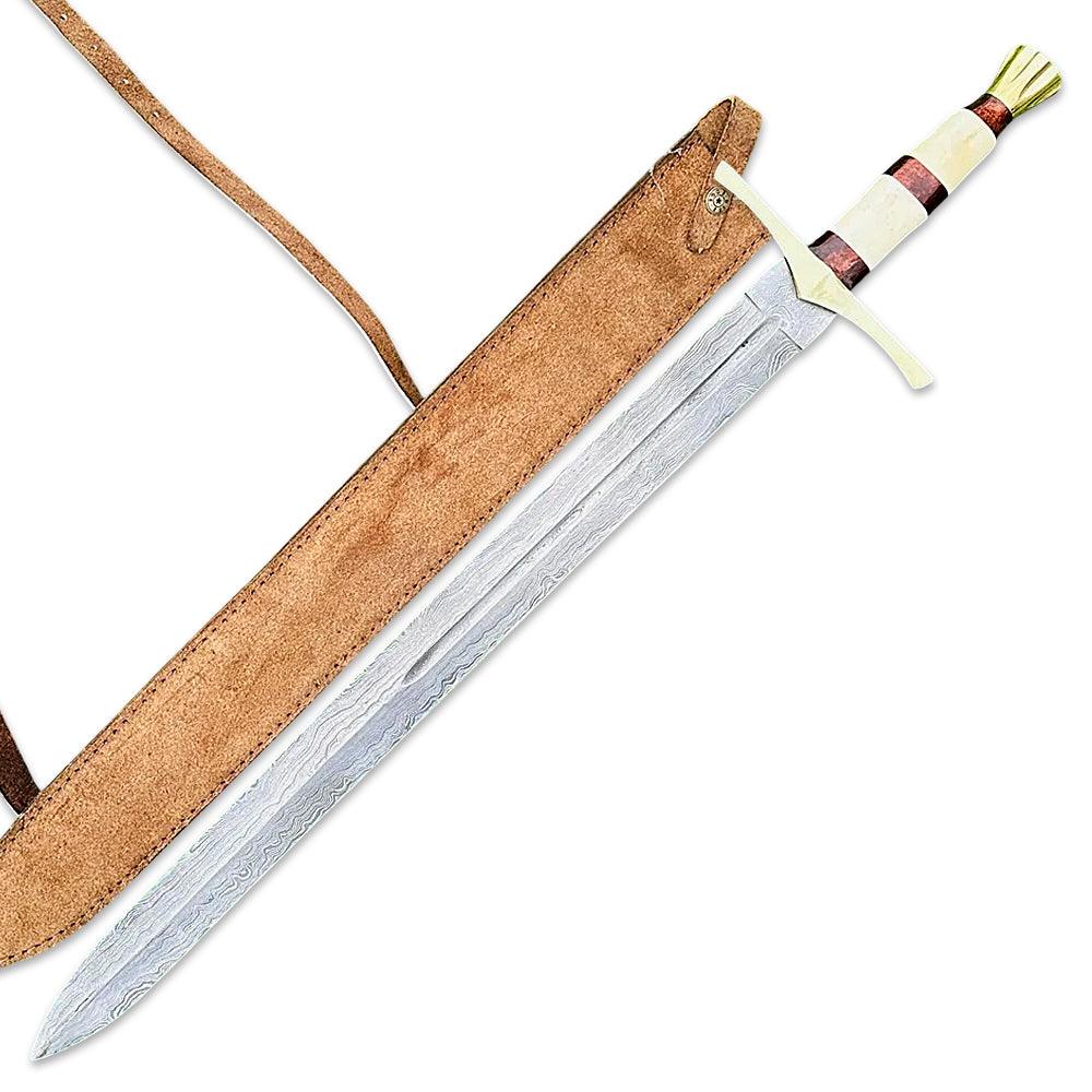 Handmade Damascus Steel Medieval Knight Sword, Medieval Historical Sword With Leather Sheath - propswords