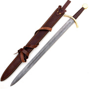 Handmade Damascus Steel Medieval Arming Style Sword With Leather Sheath - propswords