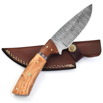 9" Handmade Damascus Steel Full Tang Hunting Knife Olive & Rose Wood Handle With Leather Sheath For Hunting, Camping, Outdoor Fishing
