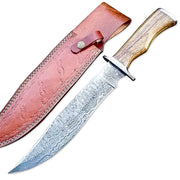 15" Handmade Damascus Steel Rat-Tail Bowie Knife Rose wood Handle With Leather Sheath