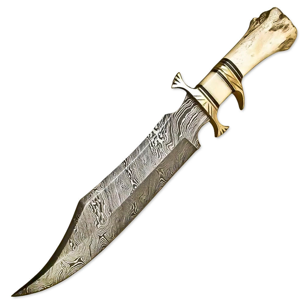 16" Handmade Damascus Steel Rat-Tail Bowie Hunting Knife Survival Knife Bone Handle With Leather Sheath - propswords