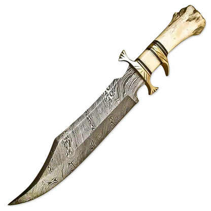16" Handmade Damascus Steel Rat-Tail Bowie Hunting Knife Survival Knife Bone Handle With Leather Sheath - propswords