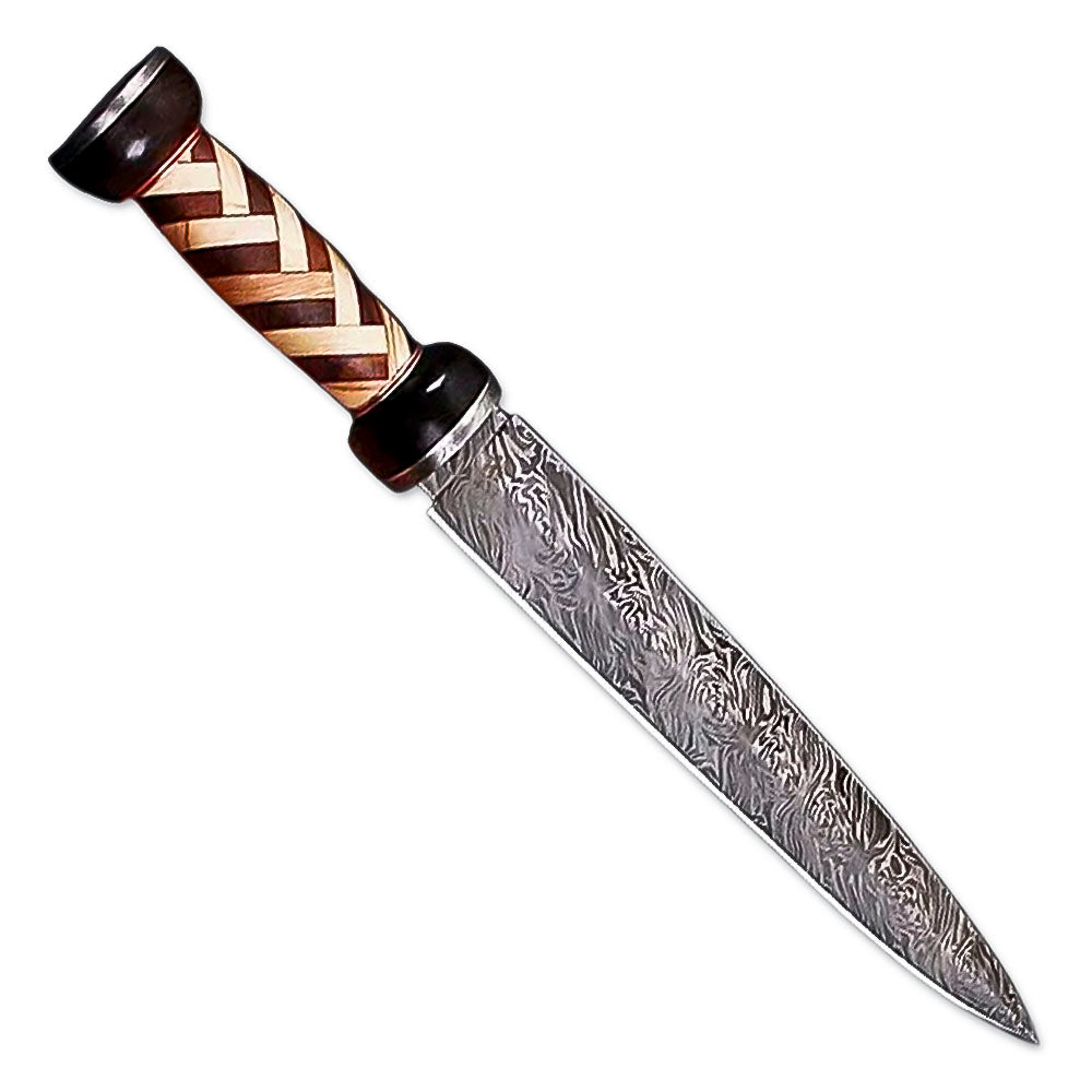 15" Handmade Damascus Steel Gladiator Double Edge Dagger Knife With Leather Sheath- Rose Wood & Olive Wood Handle