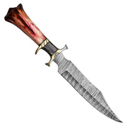 15" Handmade Damascus Steel Rat-Tail Bowie Knife With Leather Sheath Color Bone Handle