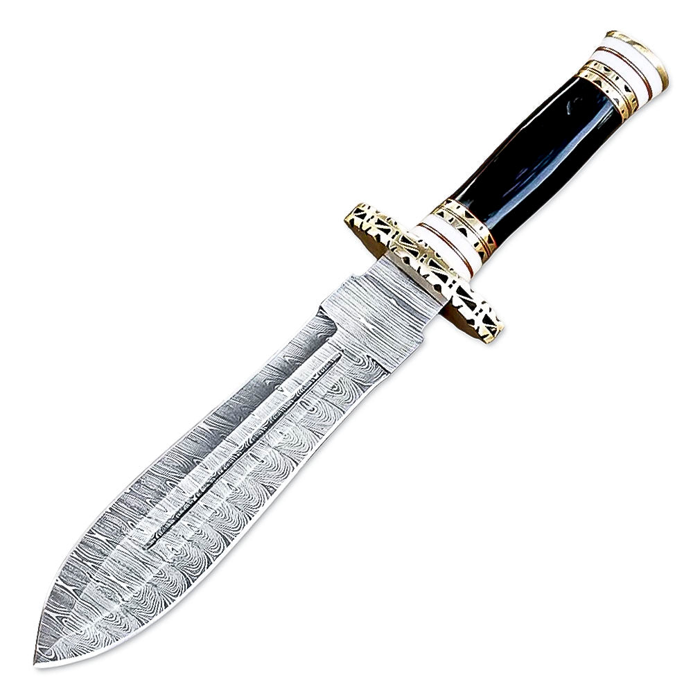12" Handmade Damascus Steel Dagger Knife With Leather Sheth- Bone & Buffalo Horn Handle - propswords