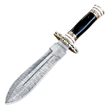 12" Handmade Damascus Steel Dagger Knife With Leather Sheth- Bone & Buffalo Horn Handle - propswords