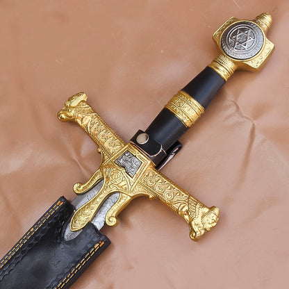 40" Handmade Medieval King David Solomon Damascus Steel Sword With Leather Sheath - propswords