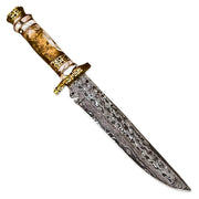 13” Handmade Damascus Steel Bowie Hunting Knife Texture Bone Handle With Leather Sheath