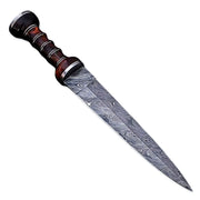15" Handmade Damascus Steel Gladiator Double Edge Dagger Knife With Leather Sheath- Rose Wood Handle