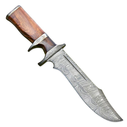 13” Handmade Damascus Steel Bowie Knife Rose wood Handle With Leather Sheath - propswords
