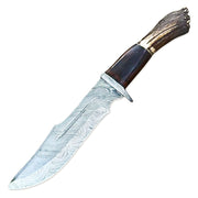 12" Handmade Damascus Steel Rat-Tail Bowie Knife Outdoor Hunting Knife Stag Antler Handle With Leather Sheath
