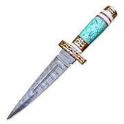 13" HandForged Damascus Steel Rat-Tail Double Edge Dagger Knife Resin & Bone Handle With Leather Sheath