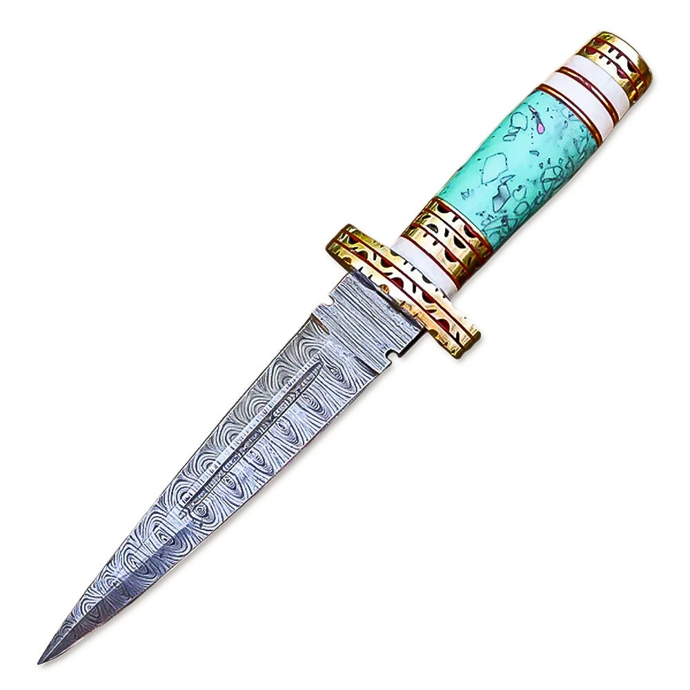 13" HandForged Damascus Steel Rat-Tail Double Edge Dagger Knife Resin & Bone Handle With Leather Sheath - propswords
