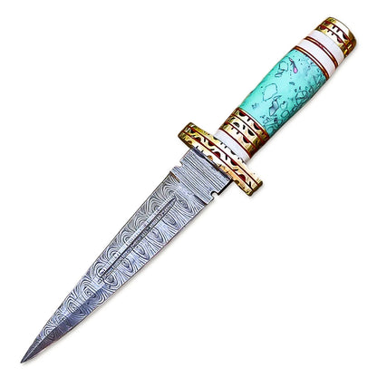 13" HandForged Damascus Steel Rat-Tail Double Edge Dagger Knife Resin & Bone Handle With Leather Sheath - propswords