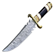 12” Hand Forged Damascus Steel Rat-Tail Bone & Buffalo Horn Handle Bowie Knife With Leather Sheath