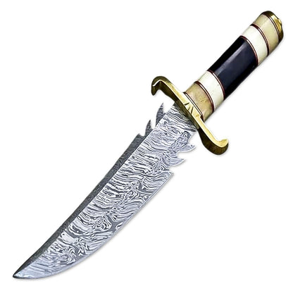 12” Hand Forged Damascus Steel Rat-Tail Bone & Buffalo Horn Handle Bowie Knife With Leather Sheath - propswords