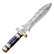 13" HandForged Damascus Steel Rat-Tail Double Edge Dagger Knife Buffalo Horn & Bone Handle With Leather Sheath