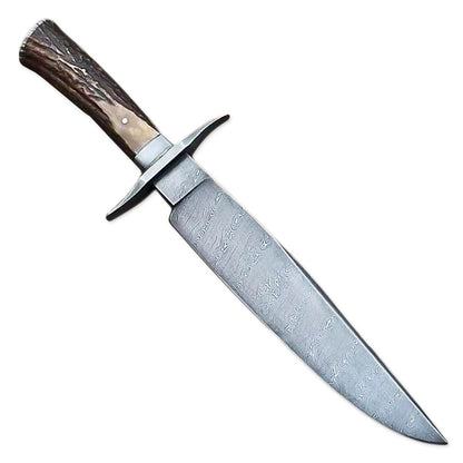 15” Handmade Damascus Steel Rat-Tail Bowie Knife Stag Antler Handle With Leather Sheath - propswords