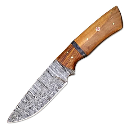 9" Handmade Damascus Steel Full Tang Hunting Knife Olive & Rose Wood Handle With Leather Sheath For Hunting, Camping, Outdoor Fishing