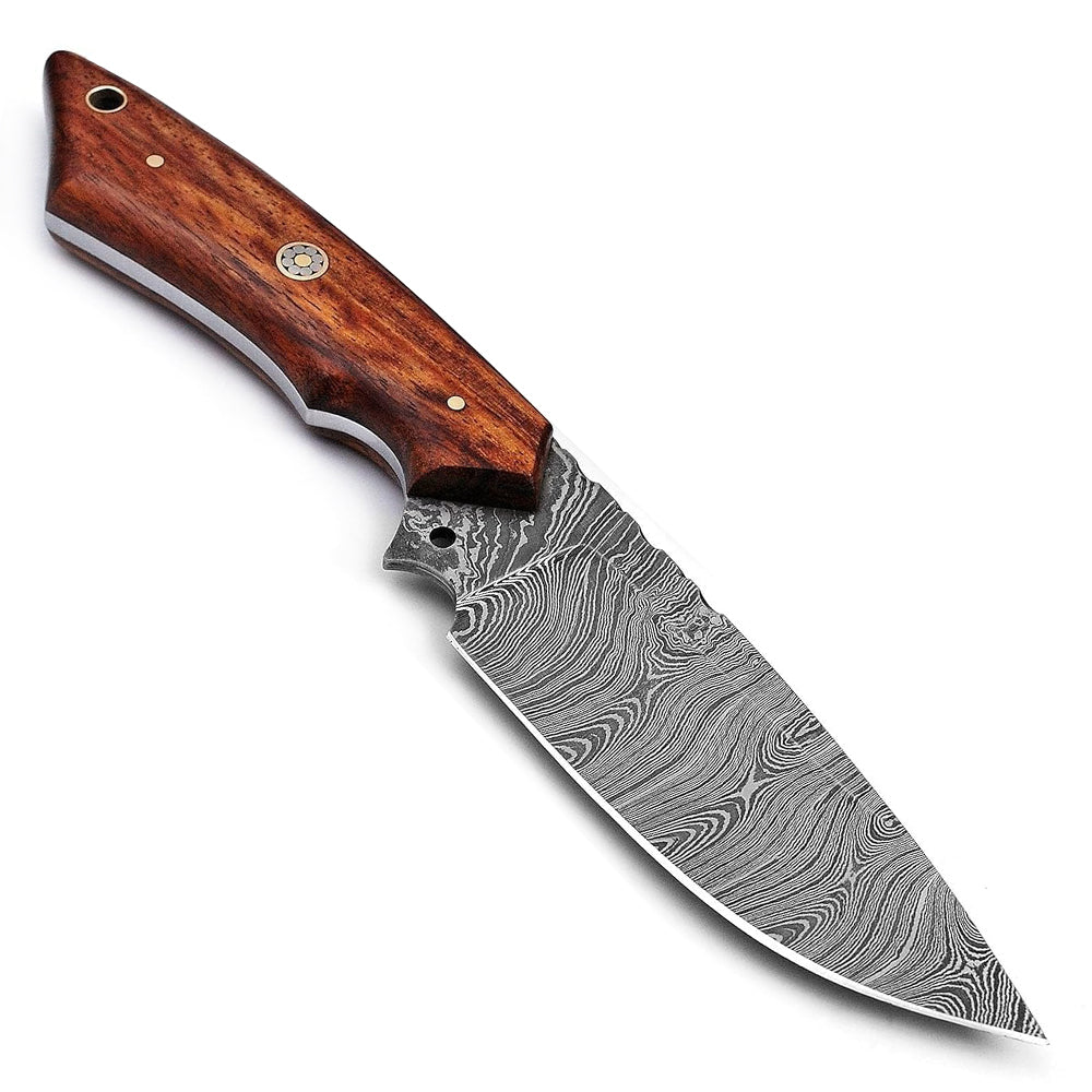 9" Damascus Steel Full Tang Hunting Knife Rose Wood Handle With Leather Sheath For Camping, Outdoor, Hunting, Fishing