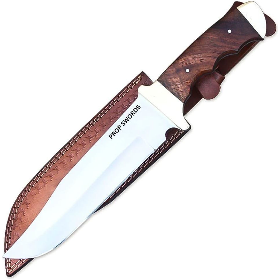 14" Stainless Steel Full Tang Bowie Knife Wood Handle Outdoor, Camping, Fishing With Leather Sheath - propswords