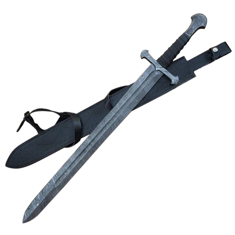 Handmade Damascus Steel Viking Sword With Leather Sheath - propswords