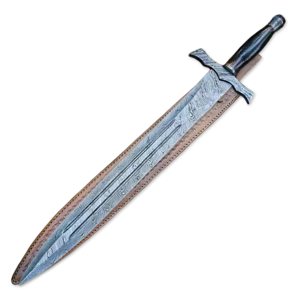 30" Handmade Damascus Steel Rat Tail Hunting Sword With Leather Sheath - propswords