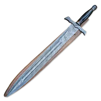30" Handmade Damascus Steel Rat Tail Hunting Sword With Leather Sheath - propswords