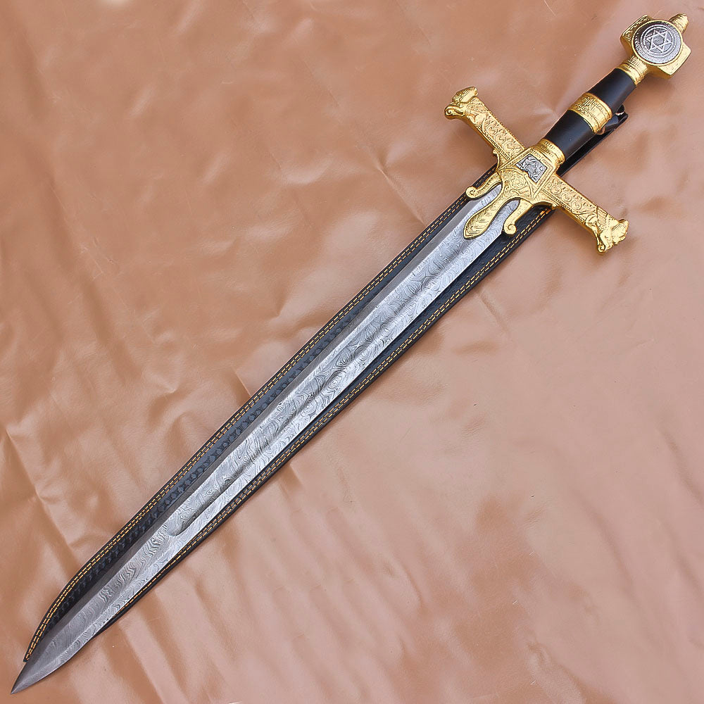 40" Handmade Medieval King David Solomon Damascus Steel Sword With Leather Sheath - propswords