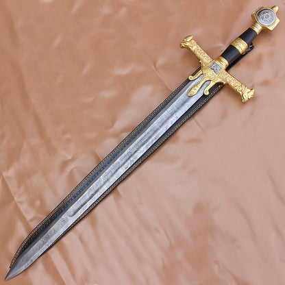 40" Handmade Medieval King David Solomon Damascus Steel Sword With Leather Sheath - propswords