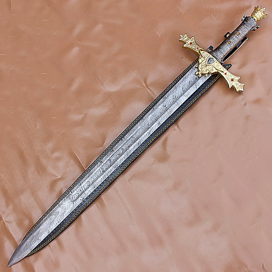 40" Awesome Hand Forged Damascus Steel Rat-Tail Marvelous Sword With Leather Sheath - propswords