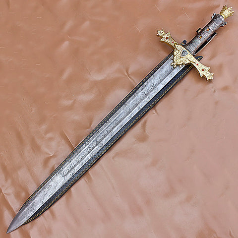 40" Awesome Hand Forged Damascus Steel Rat-Tail Marvelous Sword With Leather Sheath
