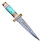 13" HandForged Damascus Steel Rat-Tail Double Edge Dagger Knife Resin & Bone Handle With Leather Sheath