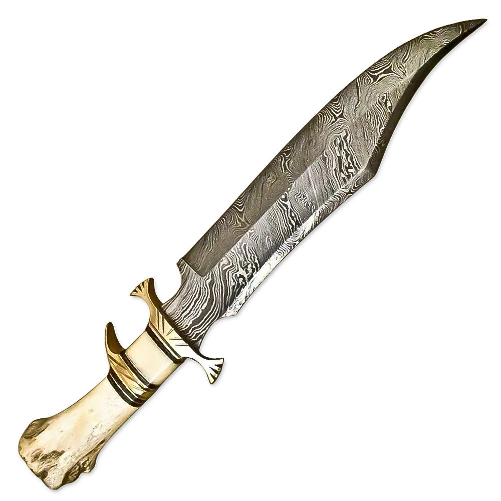 16" Handmade Damascus Steel Rat-Tail Bowie Hunting Knife Survival Knife Bone Handle With Leather Sheath - propswords