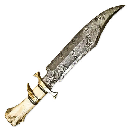16" Handmade Damascus Steel Rat-Tail Bowie Hunting Knife Survival Knife Bone Handle With Leather Sheath - propswords