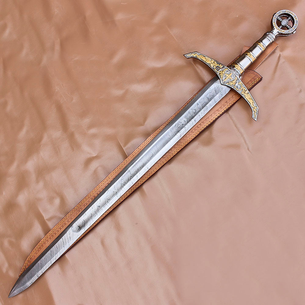 40" Hand Forged Damascus Steel Rat-Tail Locksley Sword With Leather Sheath - propswords