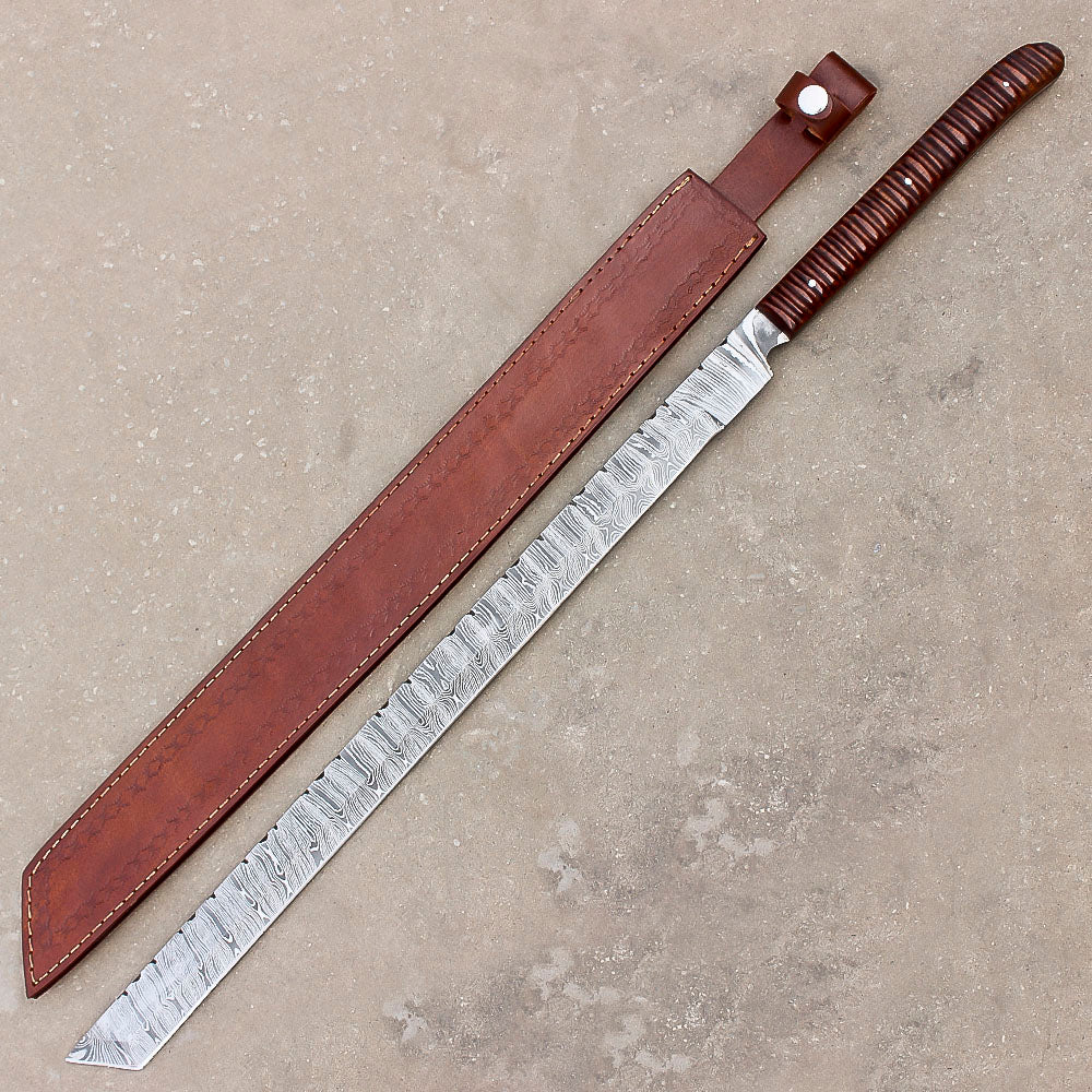 28" Handmade Damascus Steel Hunting Sword Machete Style With Leather Sheath - propswords