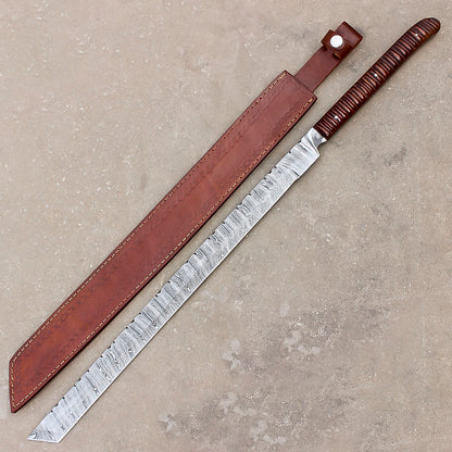 28" Handmade Damascus Steel Hunting Sword Machete Style With Leather Sheath - propswords