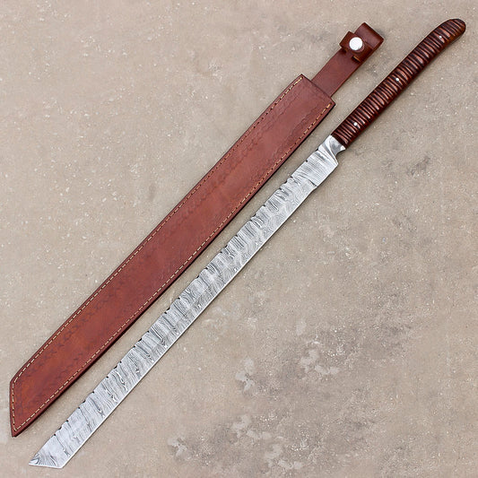 28" Handmade Damascus Steel Hunting Sword Machete Style With Leather Sheath - propswords