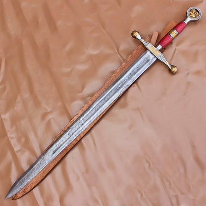 40" Custom Damascus Steel Rat-Tail Football Sword With Leather Sheath - propswords