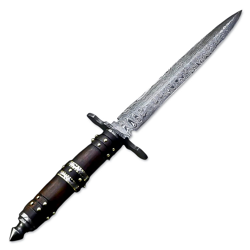15" Handmade Damascus Steel Rat-Tail Double Edge Dagger Knife With Leather Sheath- Rose Wood Handle - propswords