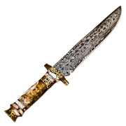 13” Handmade Damascus Steel Bowie Hunting Knife Texture Bone Handle With Leather Sheath