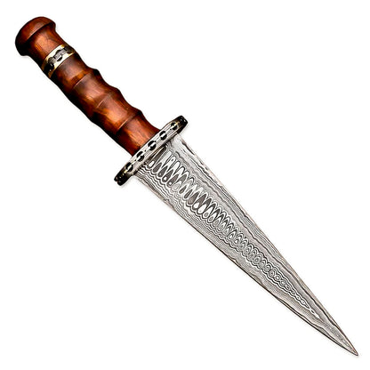 15" Hand Forged Damascus Steel Rat-Tail Dagger Knife Rose wood Handle With Leather Sheath - propswords